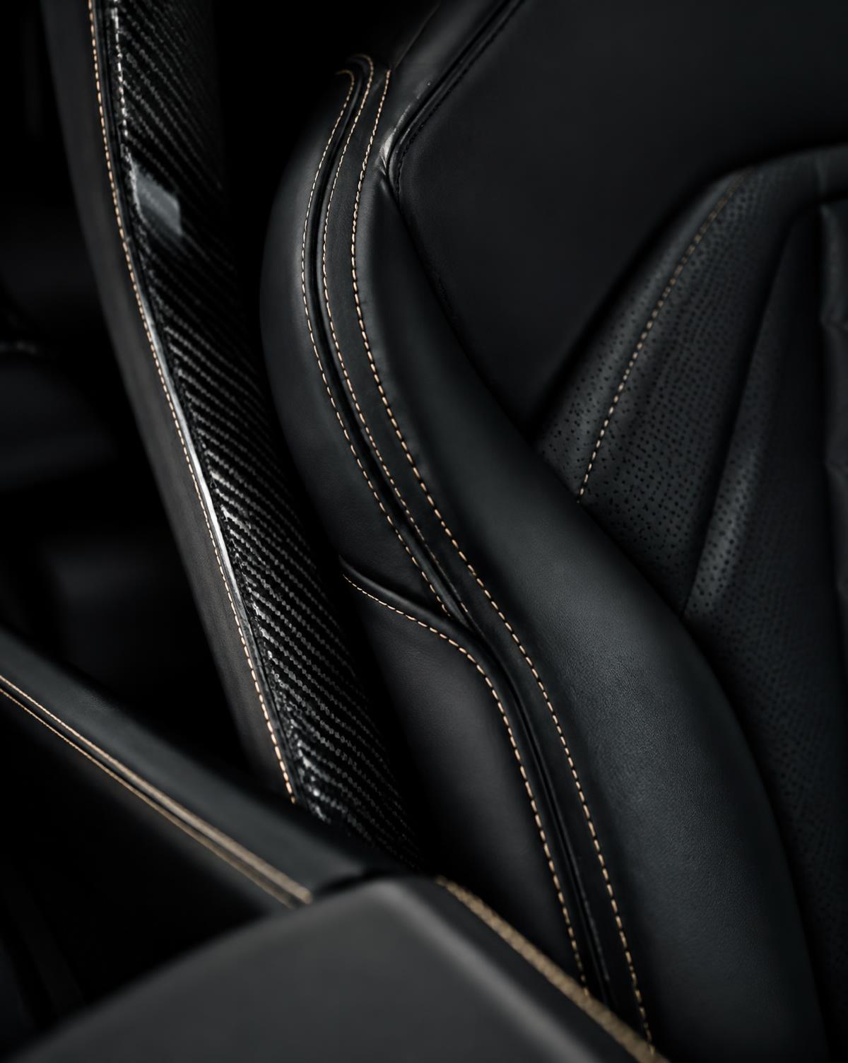 Black leather seat with champagne contrast stitching and carbon trim