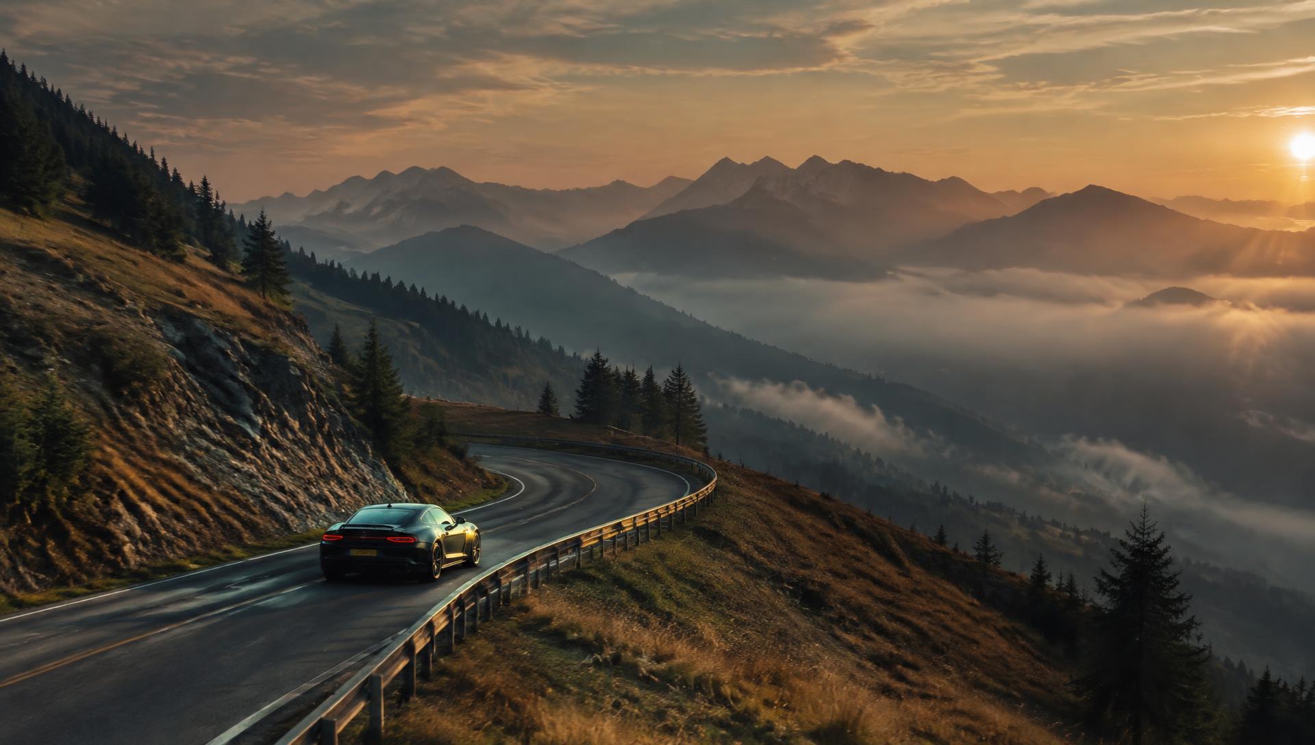 A dark sports car on a winding alpine road at dusk