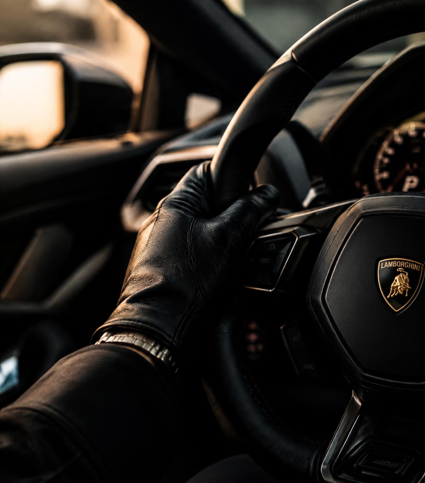 A gloved hand resting on a leather steering wheel