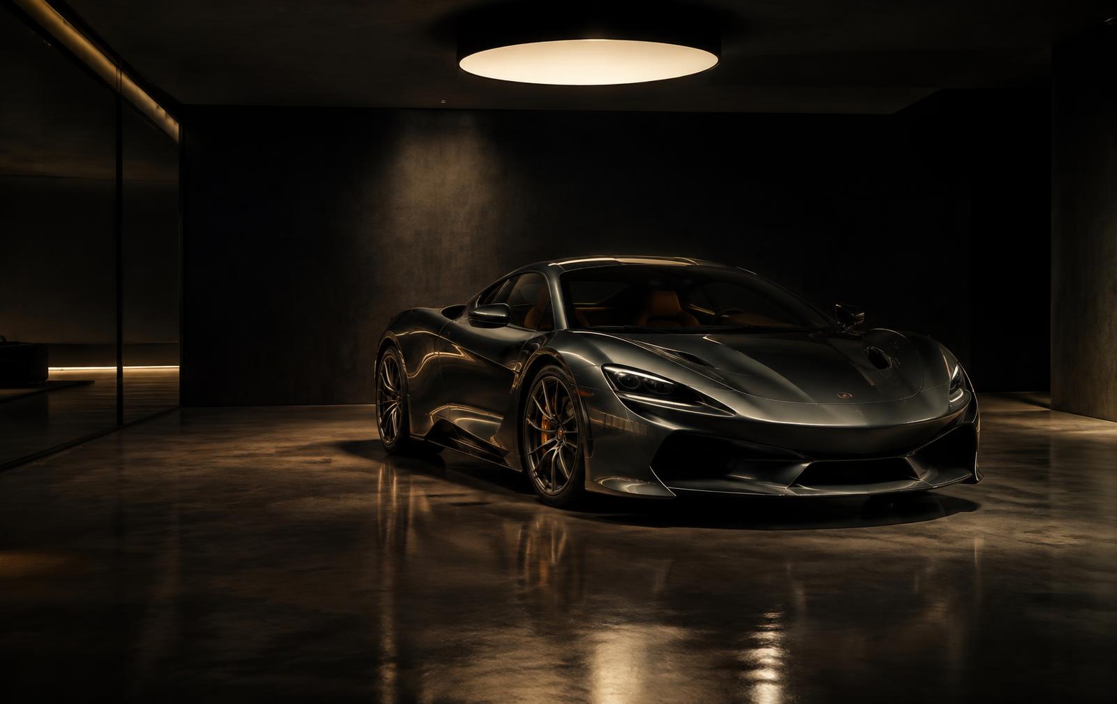 A graphite supercar under a single light in a dark preparation bay